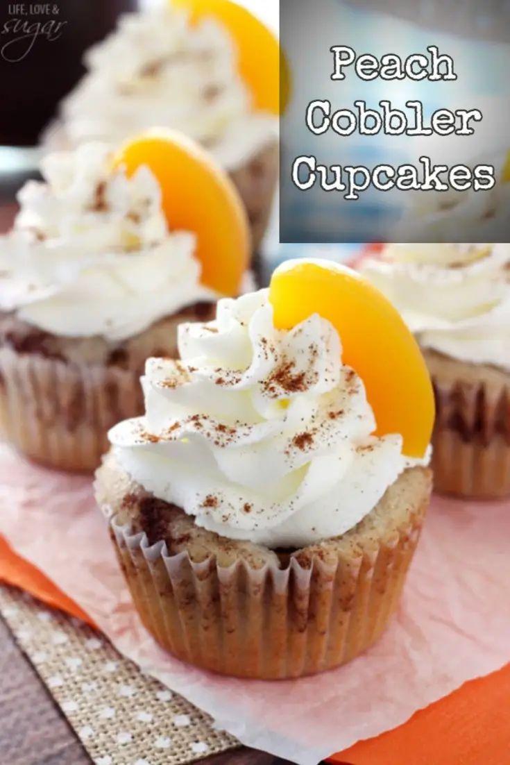 Peach Cobbler Cupcakes!  Just look at that cinnamon and whipped cream.... YUM!  Here's the recipe...