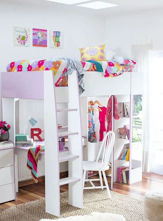Space saving loft bed idea for a little girl's bedroom - great idea for a small bedroom