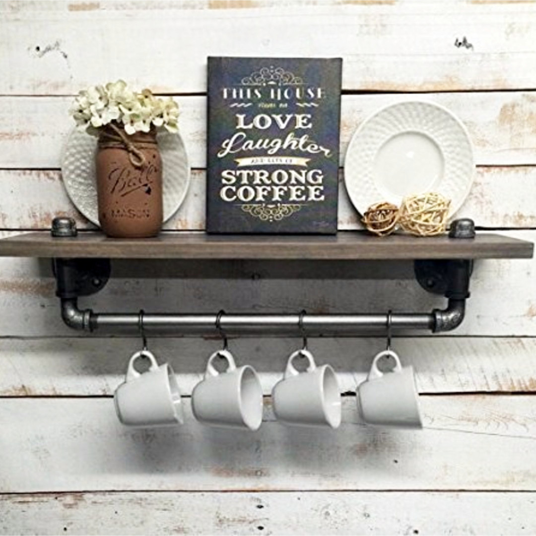 coffee bar ideas - Industrial pipe wall shelves for a rustic farmhouse coffee bar coffee station in your home.