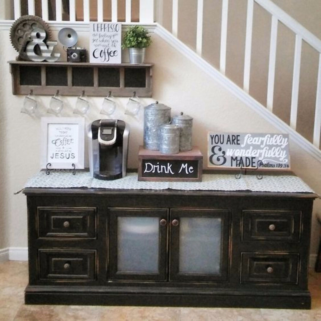 Coffee Nook • Coffee Area - Unique coffee nook beverage center DIY idea.  Love the antique table used for this coffee station!