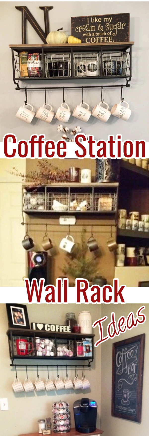 Home Coffee Bars and Kitchen Coffee Station Ideas - Love this coffee bar shelf with hooks (coffee bar mug rack).  One shelf and SO many great DIY ways to use in your kitchen coffee nook!