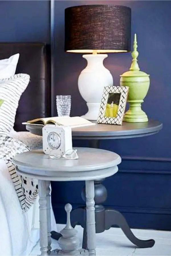 Blue and gray stacking nightstand tables for the master bedroom