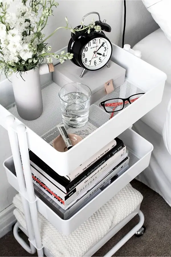 Cheap bedroom nightstand idea - use a tiered rolling cart