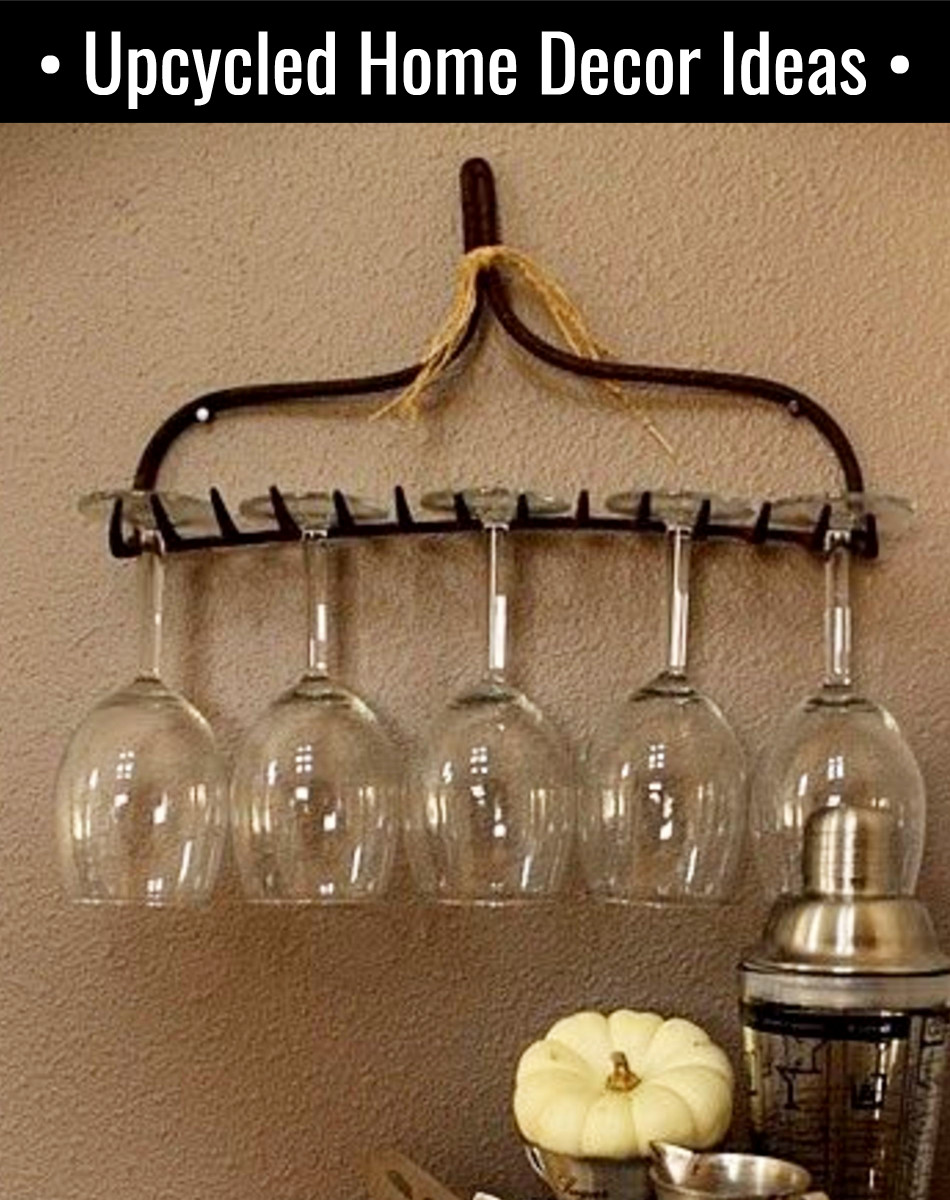 Upcycled Home Decor ideas - Repurpose an old rake into a wine glass holder.
