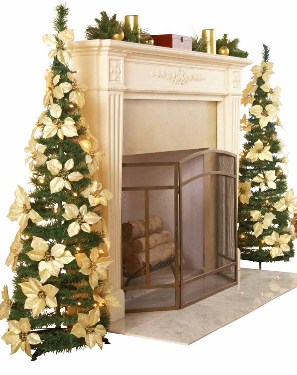 Christmas Fireplace / Mantle Decorating Idea - Pop Up Christmas Trees on Either Side (love the white poinsettia decorations!)