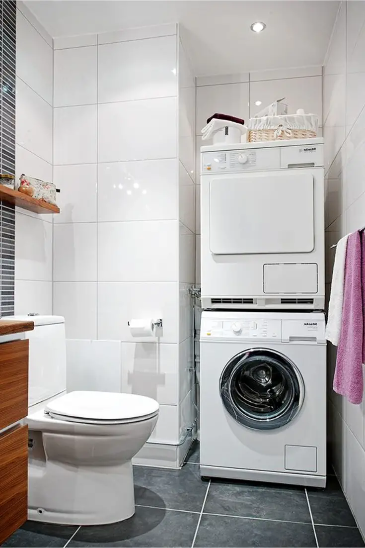 Laundry In Bathroom with stackable washer dryer - Laundry Nook Ideas - DIY Laundry Bathroom Combo - Hidden Laundry Rooms - Laundry Nook In Bathroom