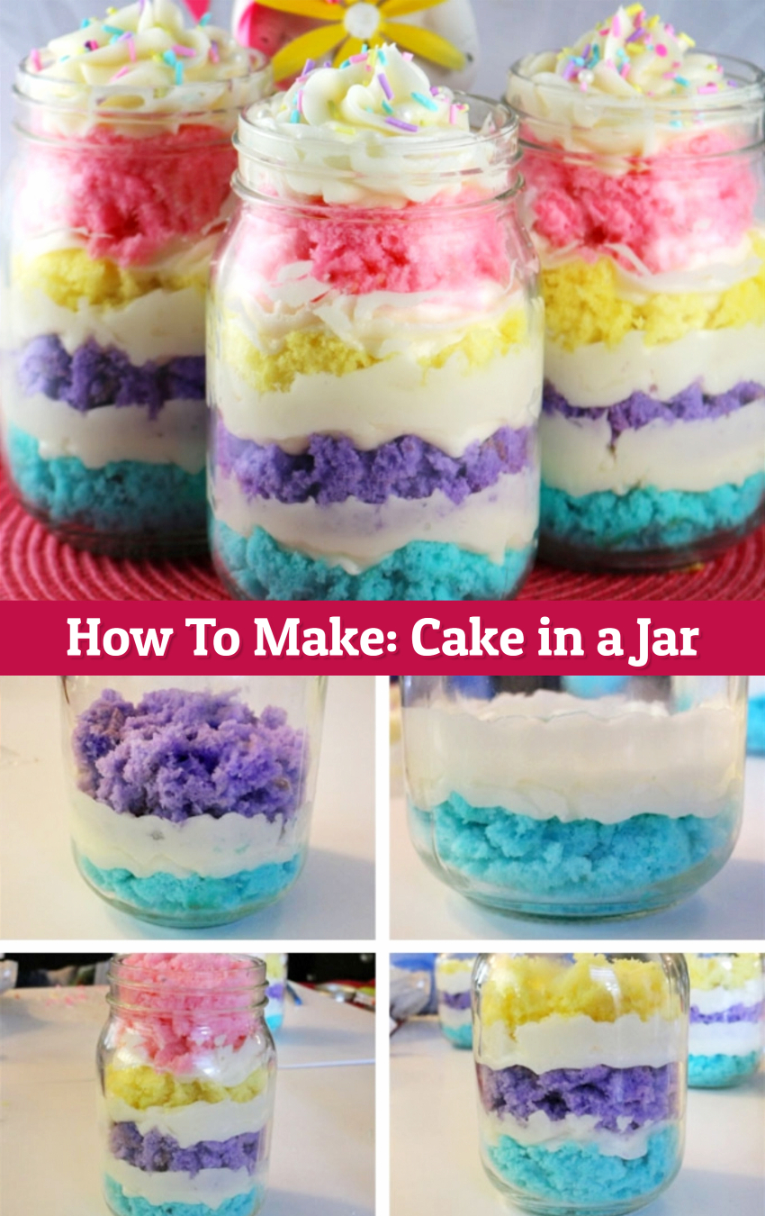 Mason Jar Cupcakes Recipes, Ideas and Instructions - It's CAKE in a JAR - love the bright colors of this cake in a jar recipe.  Fun cake idea for Easter, Baby Showers, birthday parties and more.  See more cake in a jar ideas here.