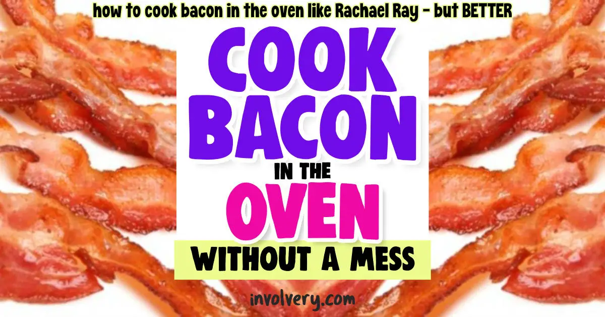 Cook Bacon in Oven WITHOUT Mess Like Rachael Ray But BETTER. How long to cook bacon in the oven - even thick cut bacon - without splattering grease or mess. With rack, without rack, turkey bacon cooking temperatures FAQ and video tutorial showing how to cook bacon in the oven
