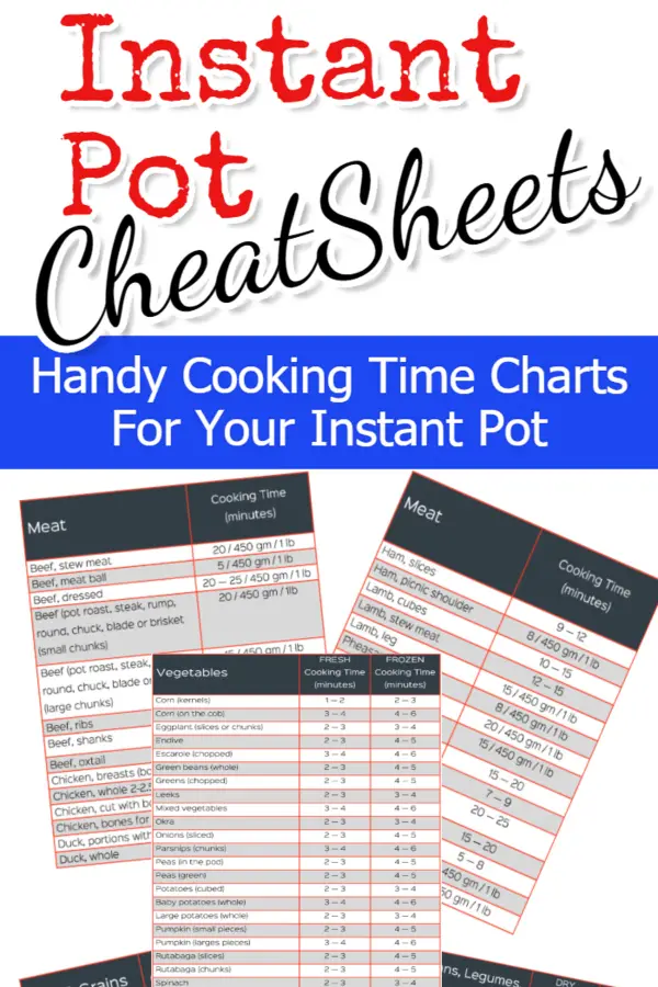 Instant Pot Cooking Times - FREE Instant Pot Cooking Times Cheat Sheet pdf and Cheat Sheets images to save for quick reference.  Perfect  quick guide and Instant Pot hints for all Instant Pot Recipes #instantpotrecipes #cookinghacks #cooking #easyrecipes #budgetrecipes #meals