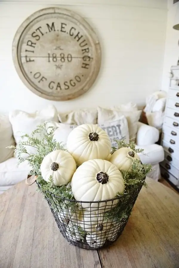 Decorating For Fall on a Budget - Unique DIY Fall Decor Ideas For The Home - Fall Farmhouse decor ideas - white pumpkins in a basket