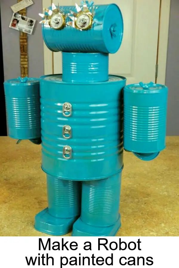 Summer crafts for kids - make a robot out of old painted cans - See more summer crafts and activities on this page