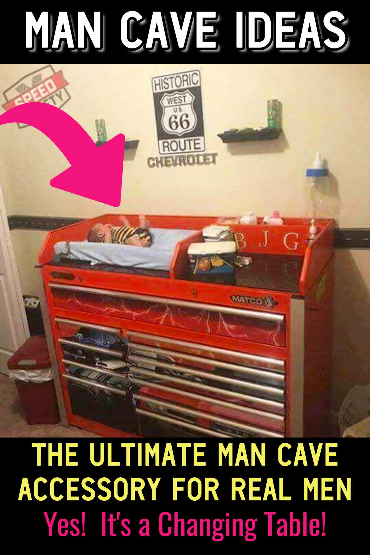 Man Cave Ideas for REAL Men!  This toolbox changing table is THE Man Cave accessory to have (all the cool dads have one!)  See lots more man cave ideas on a budget here...