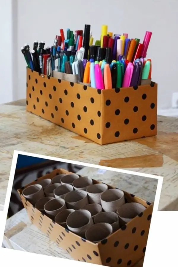 Save old toilet paper rools to make a DIY organizer for the desk in your room - how to decorate your room without buying anything