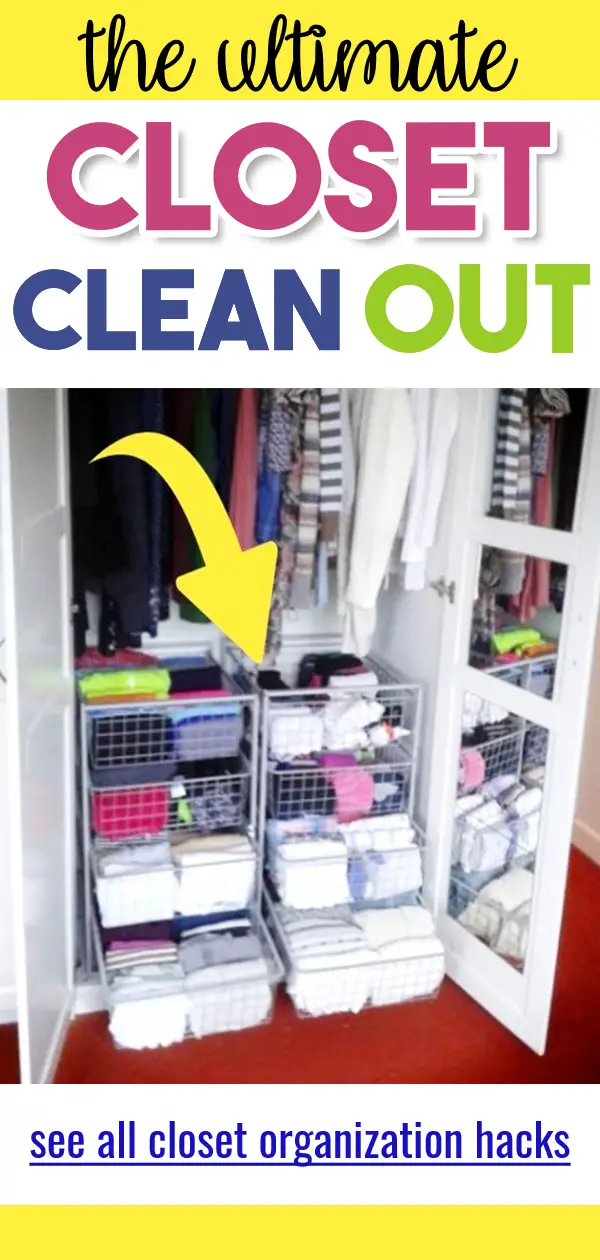 Closet Clean Out!  Let's learn how to organize your closet, how to organize hanging clothes and more DIY closet ideas for small closets, walk in closet, apartment closet or any bedroom closet that a cluttered mess.  Small closets can be hard to organize with limited closet storage space, but these closet organization ideas and organization hacks really help.  let's do this closet clean out, declutter clothes and Closet hacks ORGANIZING even for wardrobe closets