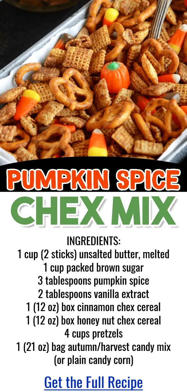 Pumpkin Spcie Chex Mix Recipe - this yummy and EASY Pumpkin Spice Snack Mix has candy corn, cinnamon, Chex Mix and cooks easily in the oven.