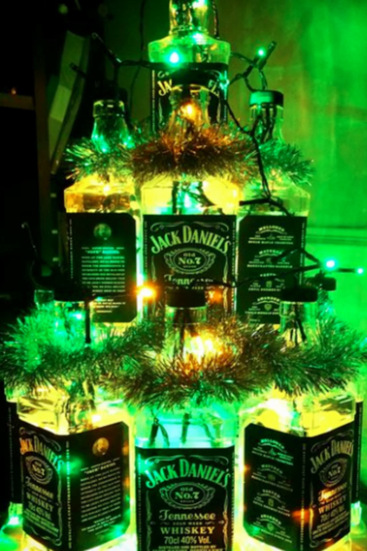 Whiskey Bottle Crafts - Jack Daniels Christmas Tree - make a Christmas tree out of old empty whiskey bottles