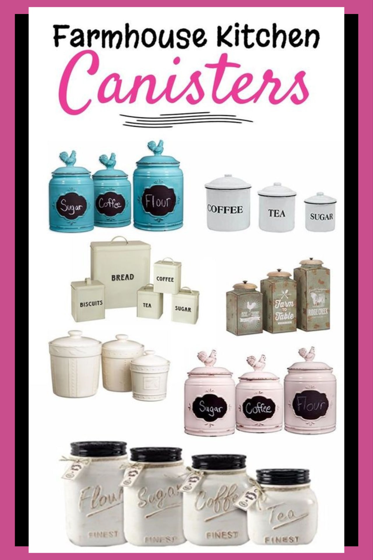 Farmhouse canisters for my kitchen!  LOVE all these farmhouse canister sets, tins, ceramic mason jars canisters, vintage canisters and bread boxes - super cute canisters set ideas for a country farmhouse kitchen