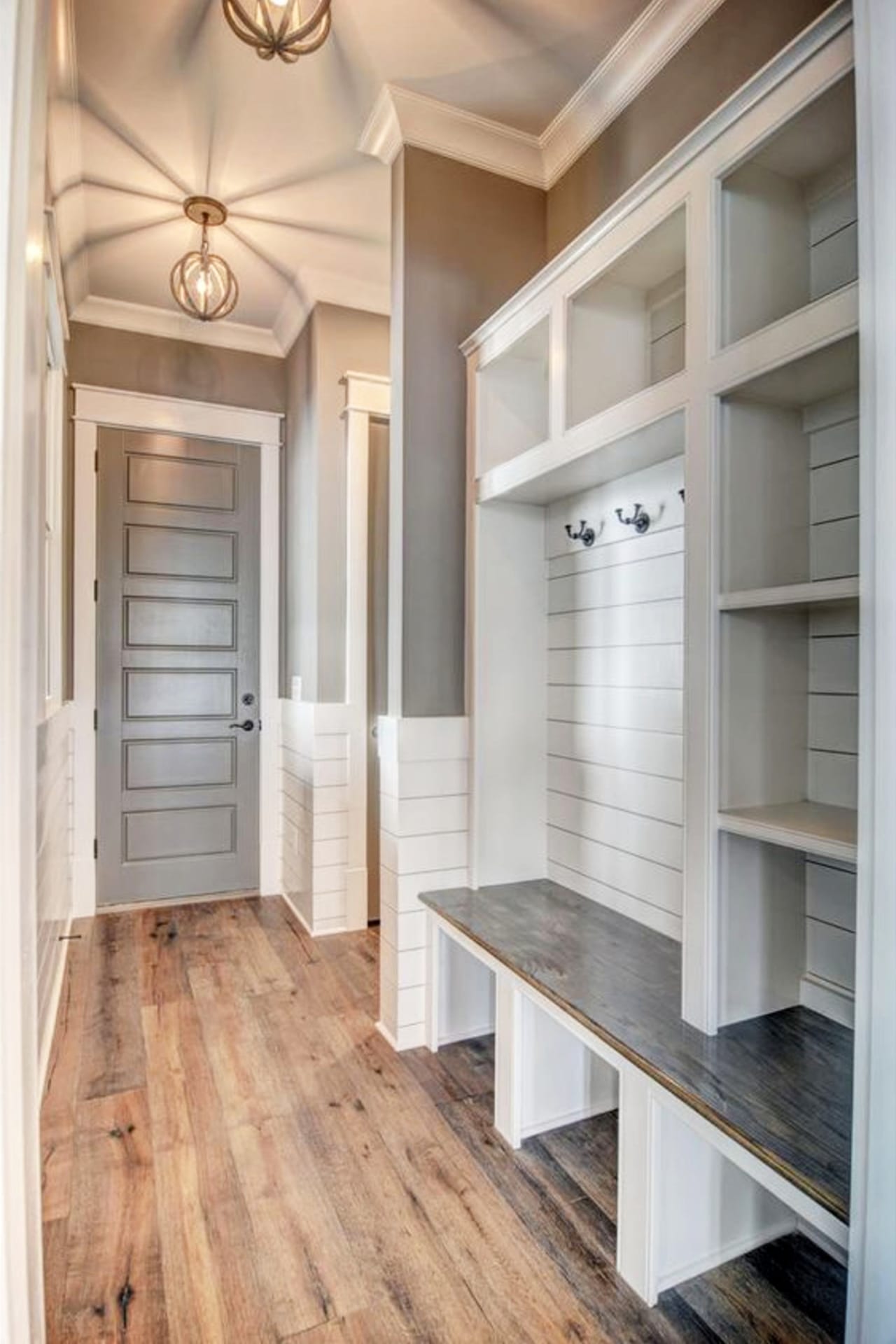 farmhouse mudroom ideas - grey and white modern country style mudroom ideas for entryway mud rooms or laundry mudrooms