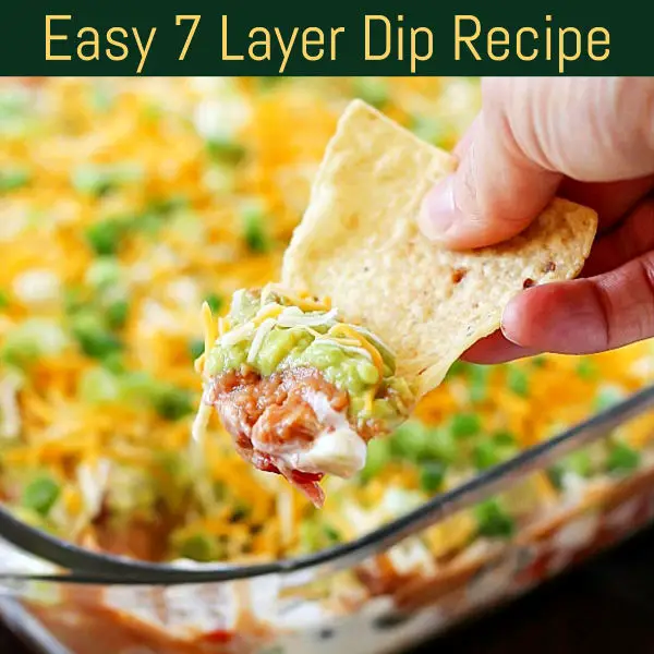 Easy appetizer ideas and recipes for a crowd - easy 7 layer dip recipe and more easy party appetizer ideas for a crowd - such simple crowd pleasing party appetizer ideas to make ahead or last minute on busy days.  Great football party food ideas also perfect for block party, baby shower food, potluck family reunion food or on Superbowl Sunday.  Easy fingerfoods to make for company or office Holiday / Christmas party - this is a comfort food fall fingerfood idea for sure!