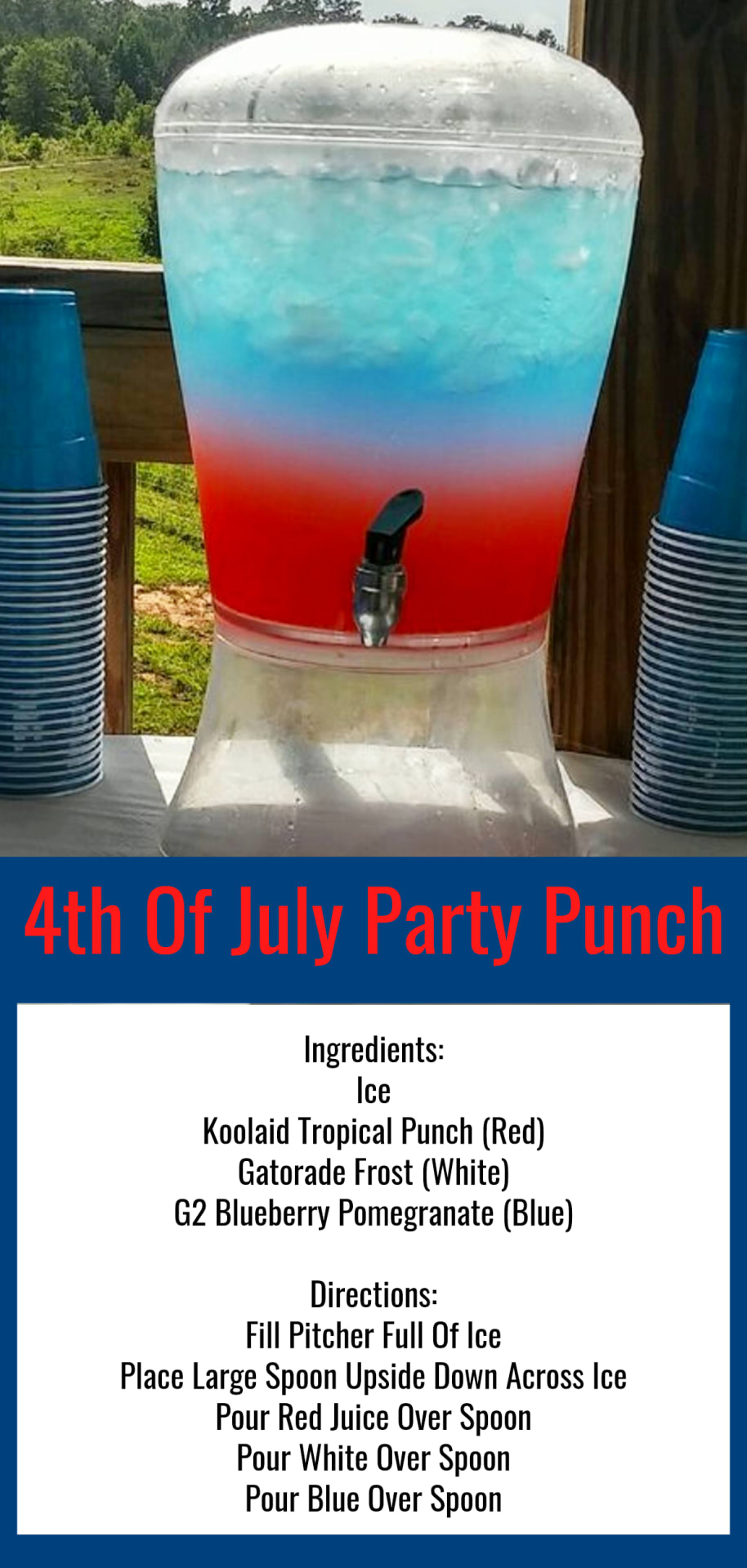 4th of July Punch Recipe - Nonalcoholic Red White and Blue Layered Party Punch for kids and those who are NOT drinking alcohol at your 4th of July party.  Lots more 4th of July party ideas and party food ideas for your July 4th party, cookout, block party, picnic, BBQ or pool party. How to make red white and blue layered punch drinks for a crowd.