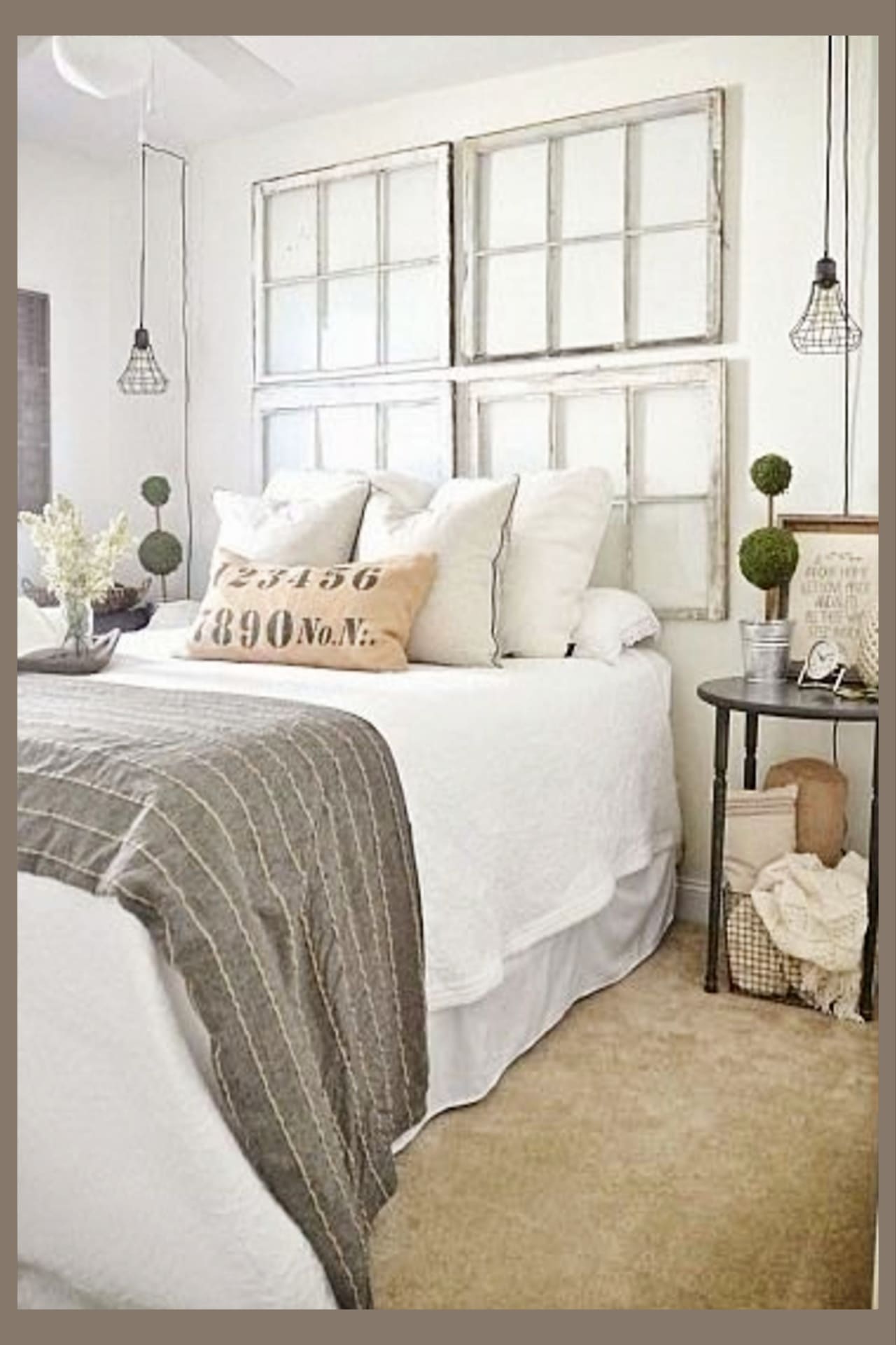 Farmhouse decor on a budget - farmhouse bedroom decorating ideas - use old farmhouse windows and window frames instead of a headboard on the wall behind your bed to get farmhouse look on a budget
