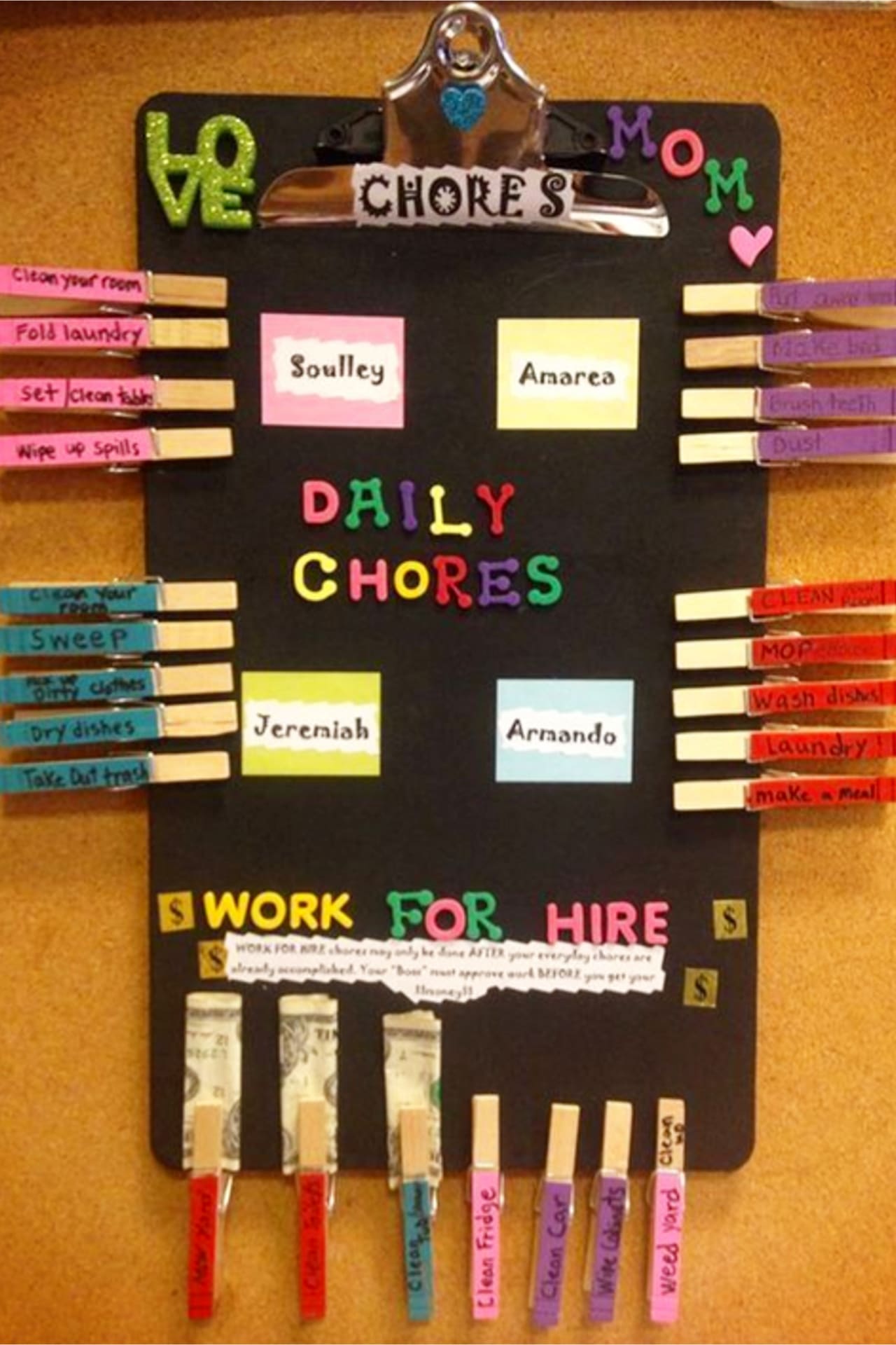 Dollar Store Hacks - DIY organizing projects for kids chores.  DIY chore chart - creative dollar store organizing project.  This is how to be an organized mom - get kids to do chores with a DIY responsibility chart  and chore system you can customize by age like this.