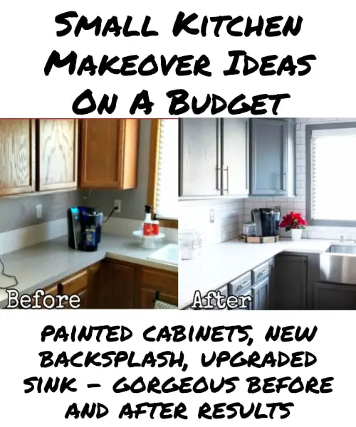 Small Kitchen Ideas We Love - this small kitchen makeover before after picture shows lots of DIY ideas to remodel your kitchen on a budget - painted cabinets, new backsplash, new farmhouse sink - all budget-friendly small kitchen ideas