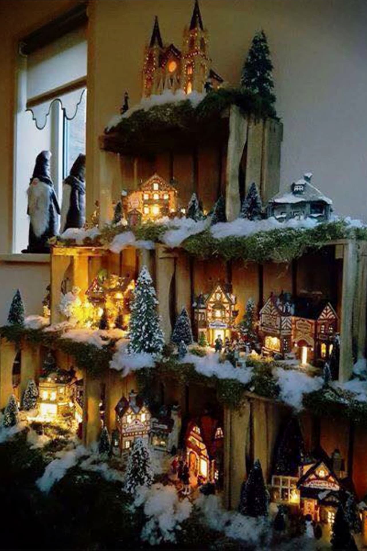 DIY Christmas Decorating Ideas - Christmas Village set up ideas - use wooden crates to display your Christmas village decorations for easy Christmas decor on a budget