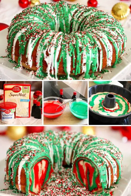 Christmas Party Dessert Ideas for a Crowd - this make ahead Christmas cake is an easy holiday bundt cake you can make the night before (can alos make and freeze it too).  Christmas cake ideas for holiday parties, office work party, family gatherings and potlucks - Would be a pretty Christmas brunch cake too!