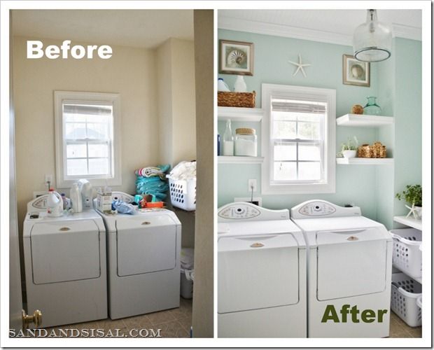 Before and after pictures of a small laundry room make-over.  Great layout for a tiny laundry room!
