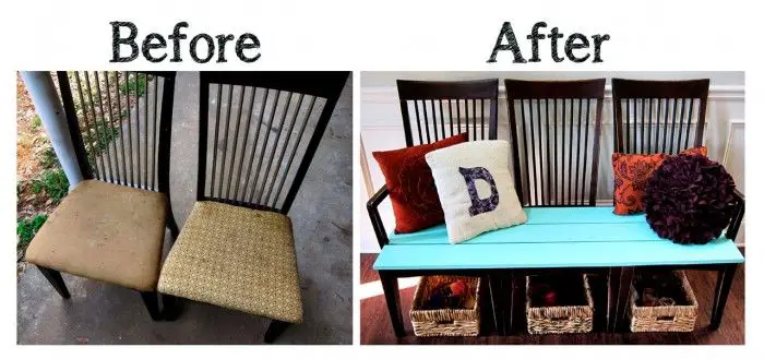 Upcycle and repurpose old kitchen chairs into a bench.