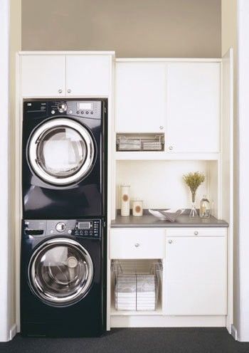 Tiny Laundry Room Ideas: Stackable Washer and Dryer is an excellent space-saving idea for a small laundry room at home or apartment.