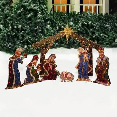 Beautiful indoor or outdoor Nativity scene with lights.  Has Joesph, Mary, Baby Jesus, 3 Wise Men, and a gorgeous manger with a star.