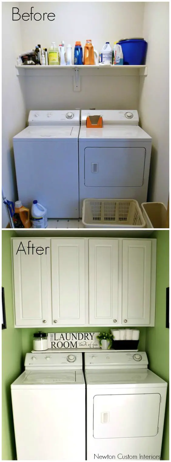 Tiny laundry room layout before and after pictures.  Lots more space with the cabinets in this small laundry room!