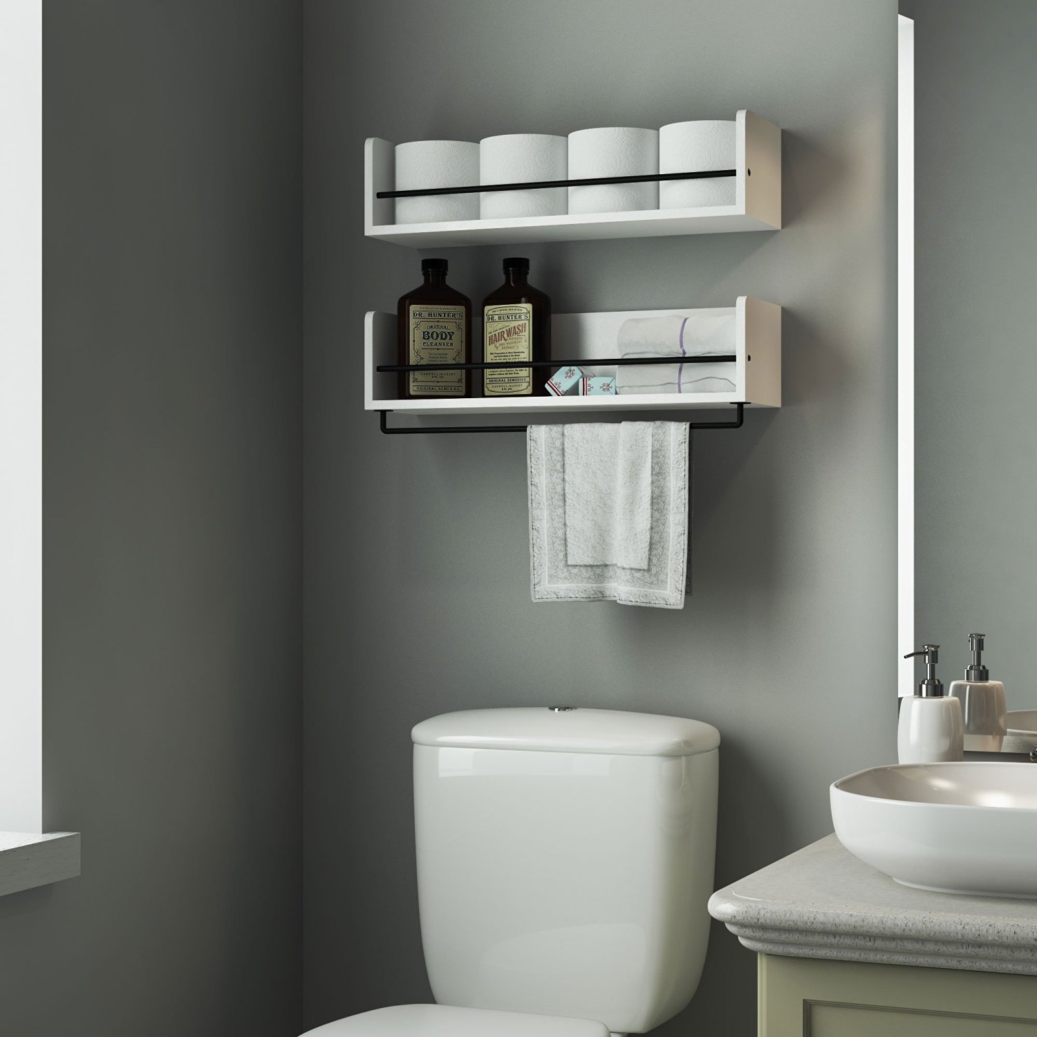 Beautiful white shelves in the bathroom over the toilet.  Looks stunning with that paint color