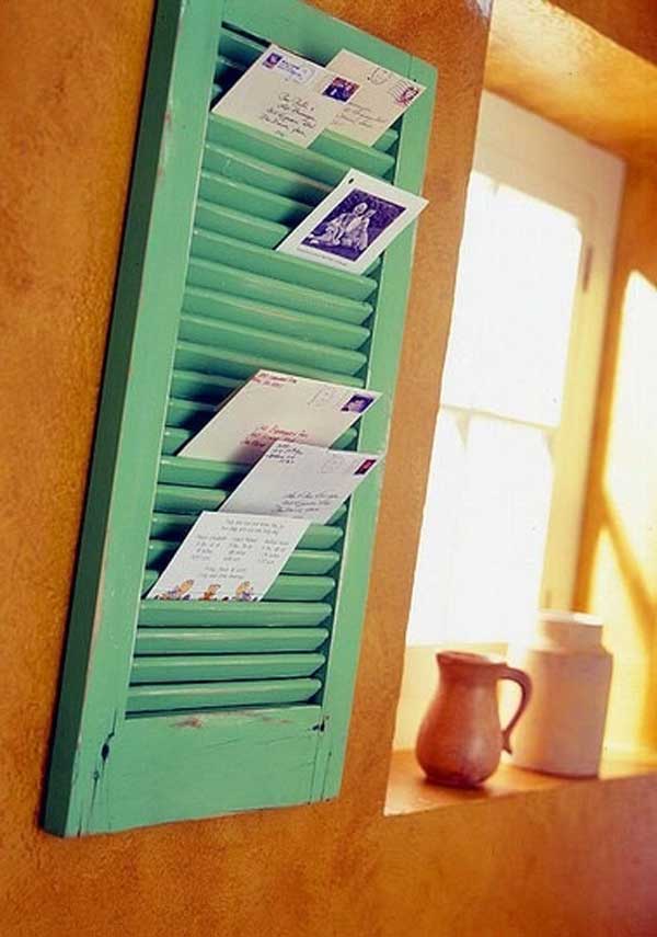 cheap and easy diy idea - use an old wood shutter as a wall mail holder.  Very smart!