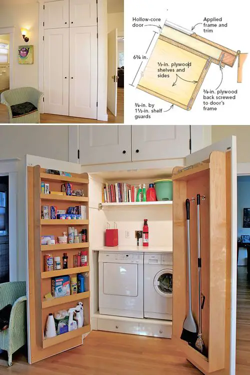 Laundry room closet DIY idea - LOTS of space in this tiny laundry room.  Such a clever idea!