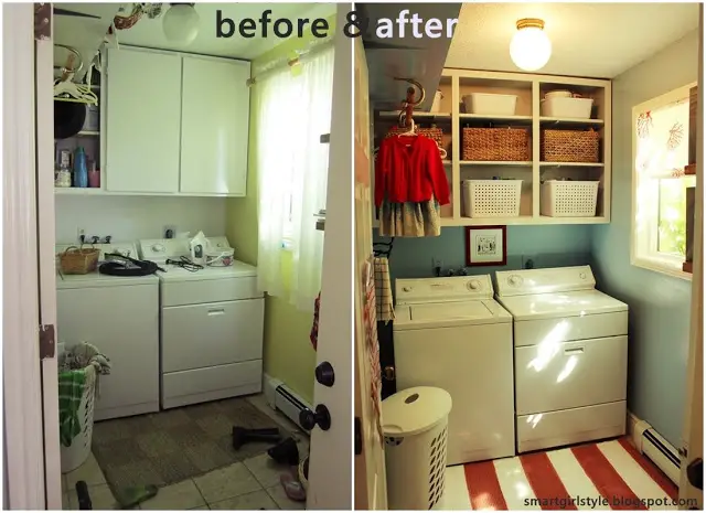 Tiny laundry room budget make-over idea.  Cost about 0 - mainly for the space-saving baskets.