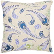 Safavieh Pillow Collection Peacock Feathers 18-Inch Cream and Blue Embroidered Decorative Pillows Set of 2