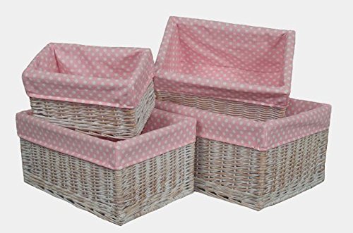 Pink Spotty Lined Wicker Open Storage Basket Set of 4