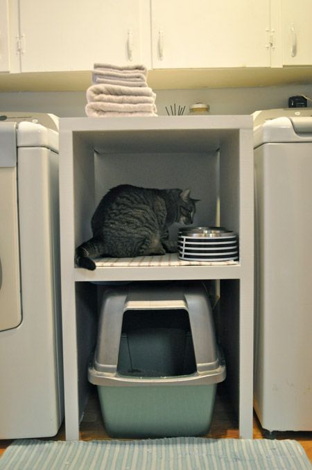 Laundry room space saving idea - cat litter box in between the washer and dryer.  great use of a small space!