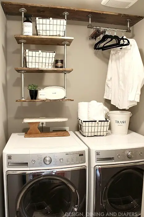 Tiny laundry room space-saving idea - hanging shelves to get more space in a small laundry room.