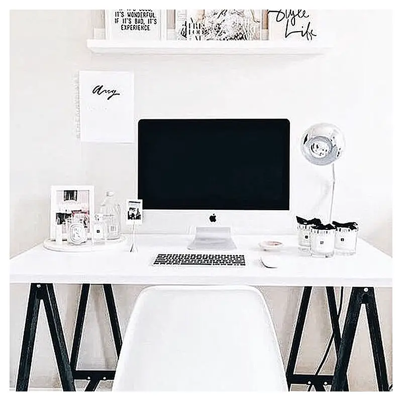 black and white home office ideas for women - Clean, white, and bright home office idea - LOVE the white desk and the clean, organized look of this home office space!