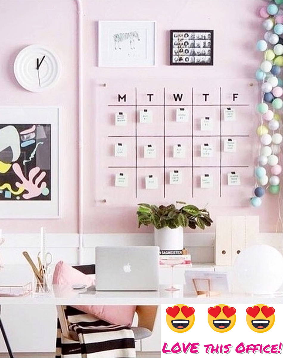 I LOVE this pink home office decorating idea!  Such a feminine work space, but functional too.  I could get a LOT of work done in this room!