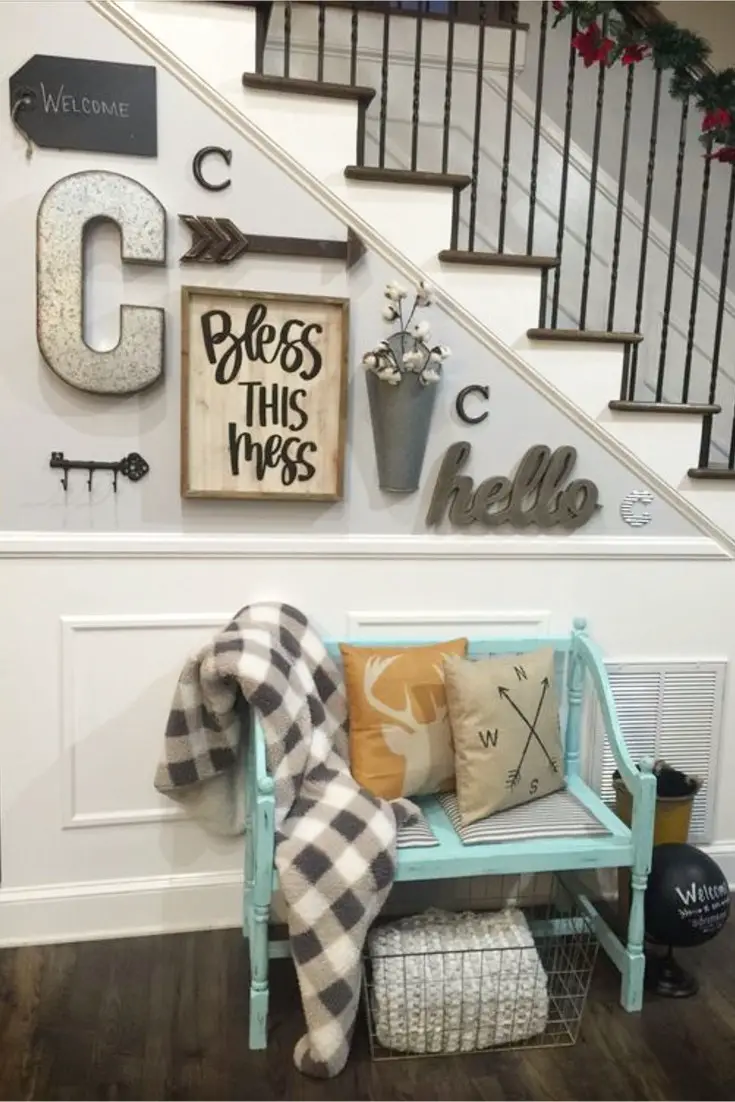 Foyer Decorating Ideas  - Farmhouse entryway ideas (love the small foyer bench!) Small entryway ideas for foyer or apartment.  Beautiful DIY entryway decor and foyer decorating ideas.