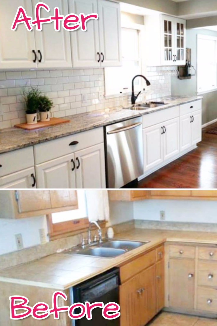 Subway tile! Before and After kitchen remodel pictures - just look how gorgeous this kitchen makeover turned out by knocking out a wall and updating with Subway tile!