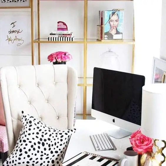 Home office ideas for work from home moms - Who wouldn't want to work from home in THIS home office?  Such a feminine office work space for your home!