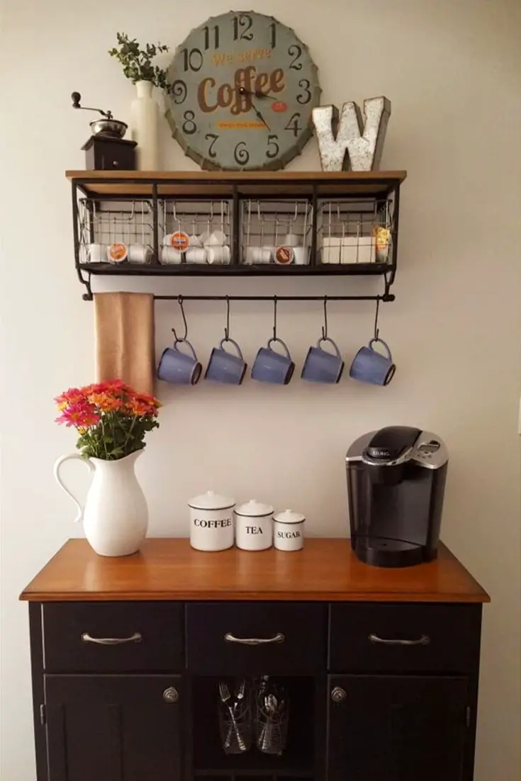 Coffee Nook - Coffee Area - Love this coffee nook idea - the wall shelf with baskets, the hanging mugs, the coffee/tea/sugar canisters, the Keurig coffee maker and that cabinet!