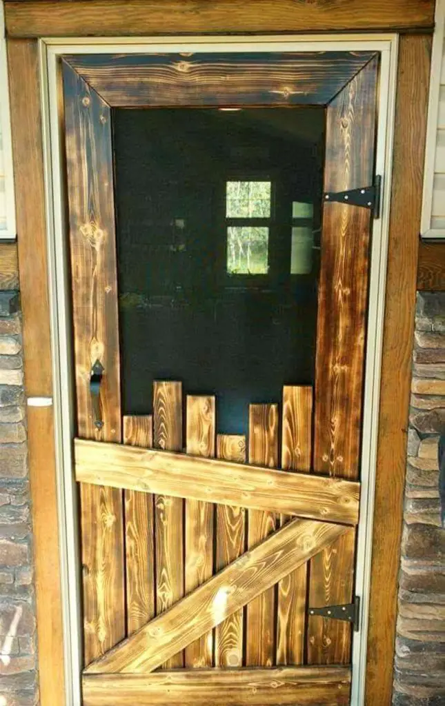 DIY pallet screen door. Love this idea of making a screen door out of old pallet wood - and I just LOVE that stain color - pretty and rustic look to it. I've even seen people make these kinds of DIY screen doors from reclaimed wood to use a pantry door - smart!