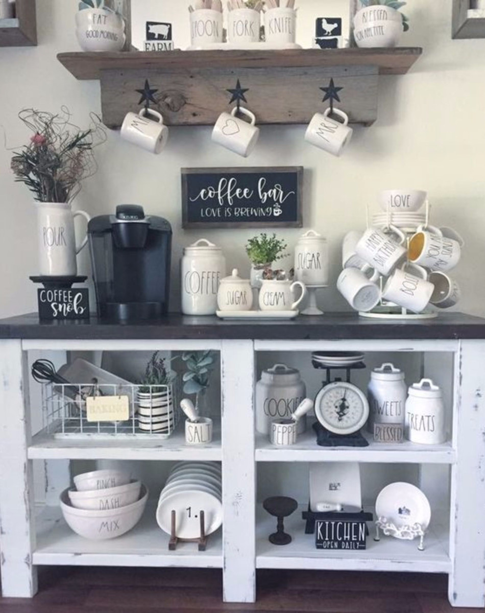 Coffee nook and coffee area ideas with Rae Dunn canisters and mugs - coffee corner ideas
